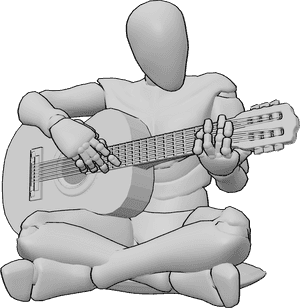 Pose Reference- Playing guitar illustration pose - Male is sitting on the ground and playing guitar, male playing guitar illustration reference
