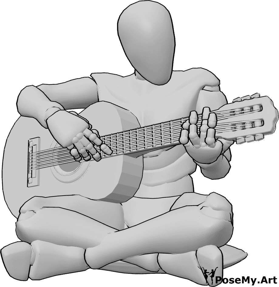 ポーズ資料- ギターを弾くイラストポーズ - 地面に座ってギターを弾いている男性。