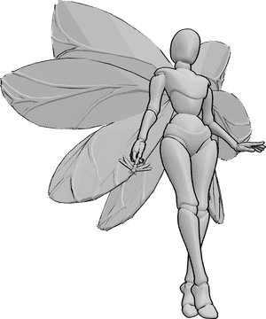 Pose Reference- Fairy illustration pose - Female with fairy wings is floating, holding a fairy wand in her right hand