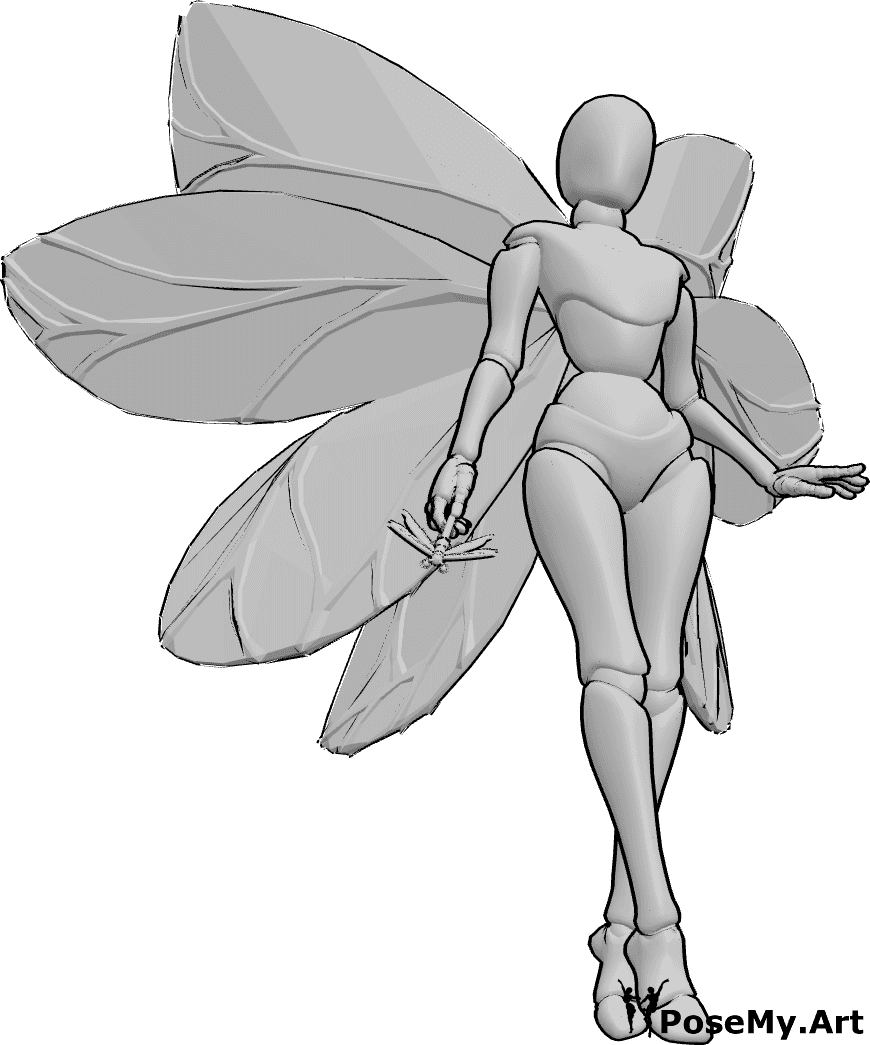 Référence des poses- Pose d'illustration de fée - Une femme aux ailes de fée flotte, tenant une baguette de fée dans sa main droite.
