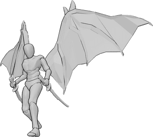 Pose Reference- Devil illustration pose - Male with devil wings is standing, holding katana in both hands