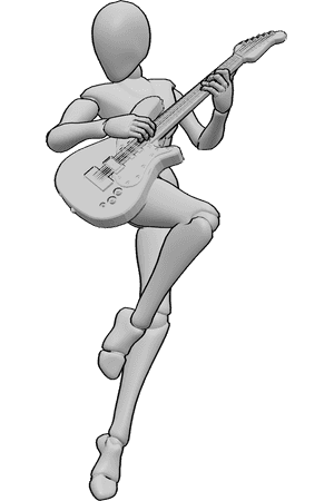 Pose Reference- Electric guitar illustration pose - Female is dancing, jumping, playing electric guitar, looking to the right