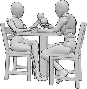 Pose Reference- Romantic illustration pose - Romantic female and male couple is sitting at the table, holding wine glasses