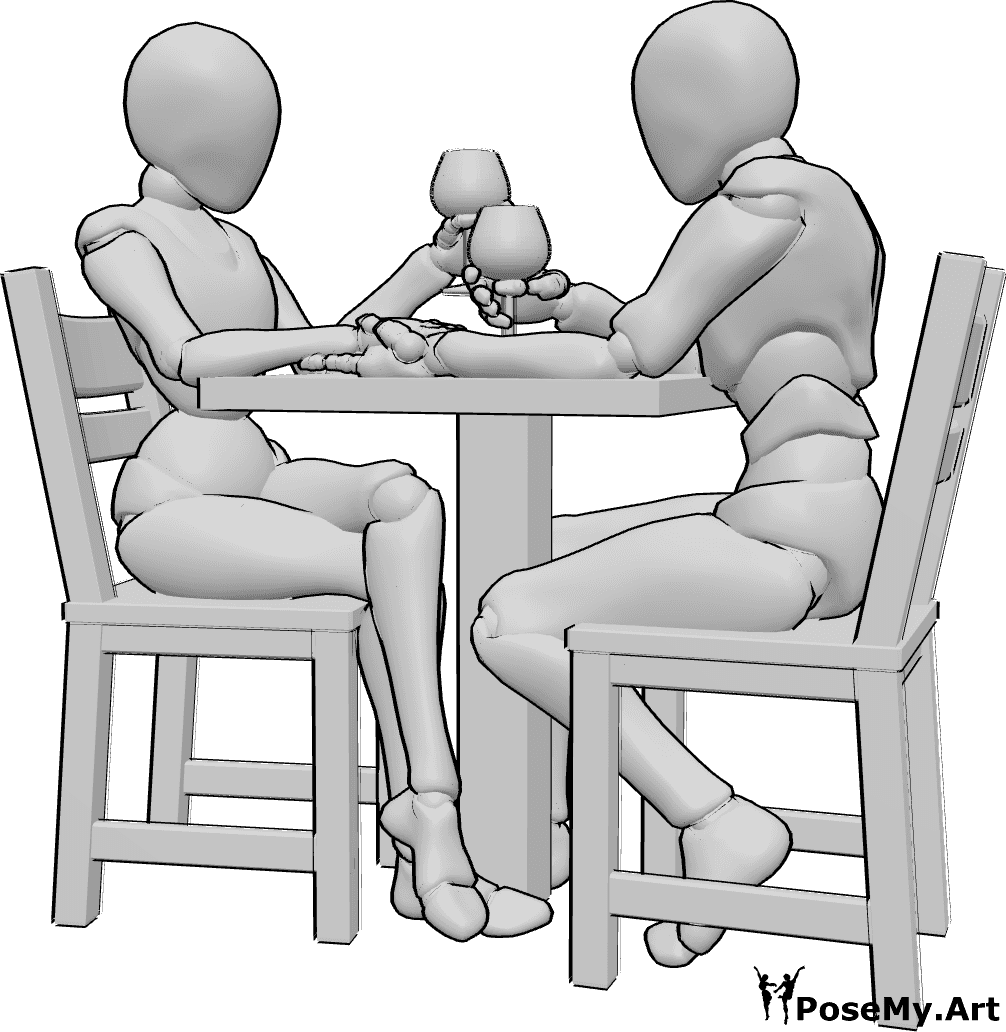 Référence des poses- Pose d'illustration romantique - Un couple romantique est assis à table, tenant des verres de vin.