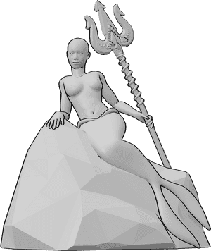 Pose Reference- Mermaid Illustration pose - Female mermaid is sitting on a rock, holding a trident in her left hand