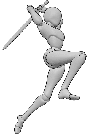 Pose Reference- Attack illustration pose - Female is attacking, jumping and swinging her sword, female fighter illustration pose