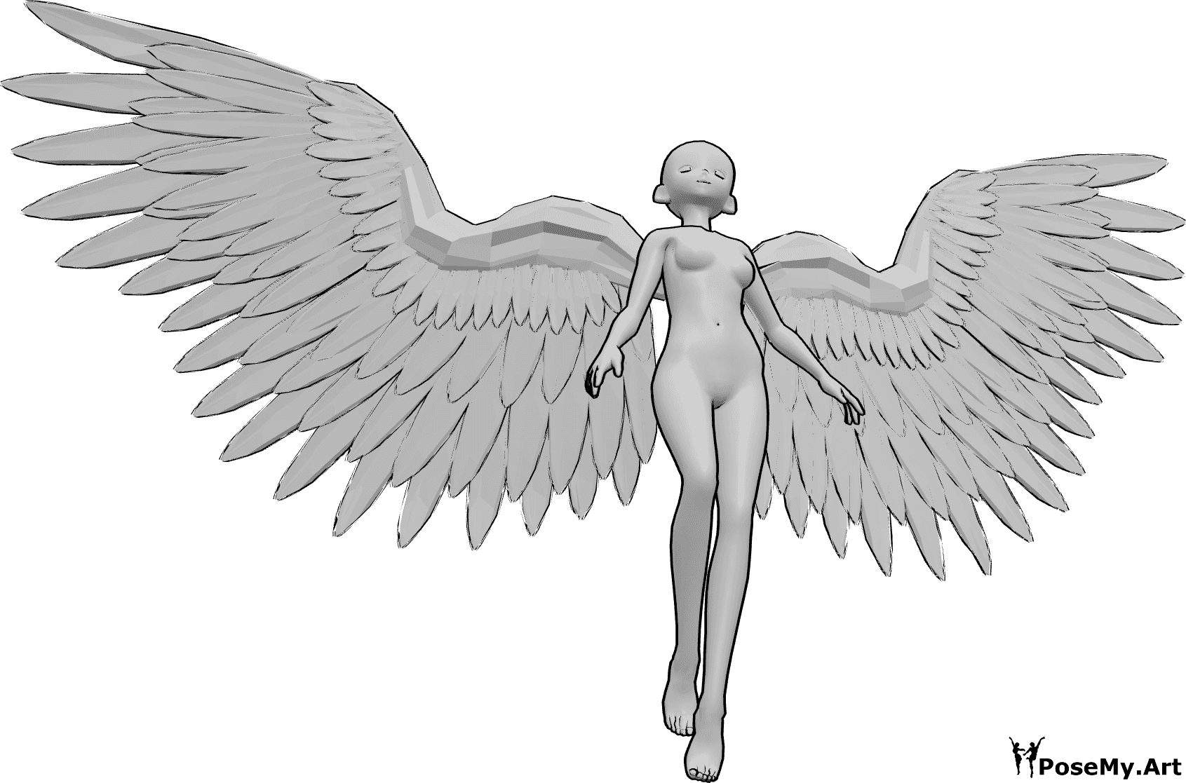 Riferimento alle pose- Posa delle ali in stile anime - Anime femmina con ali d'angelo, che galleggia e guarda in alto, riferimento di disegno anime