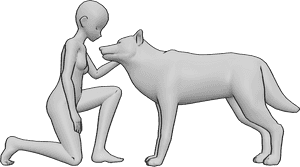 Pose Reference- Wolf anime female pose - Anime female is crouching in front of the wolf, looking at each other