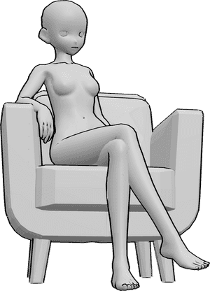 Pose Reference- Anime sitting reference pose - Anime female is sitting in the armchair, looking slightly to the left, her legs are crossed