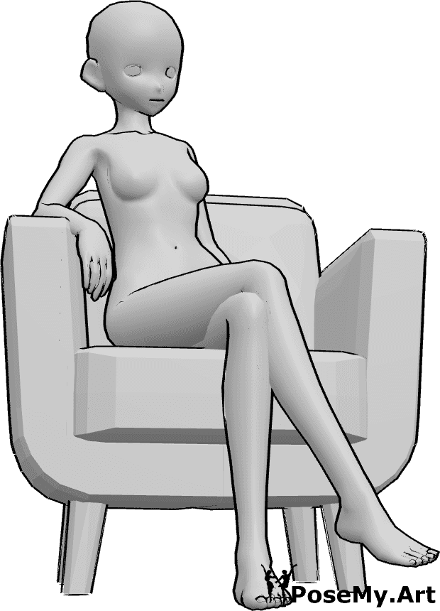 Riferimento alle pose- Posa di riferimento per la seduta degli anime - Una donna di Anime è seduta sulla poltrona e guarda leggermente a sinistra, con le gambe incrociate.