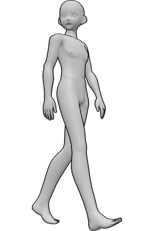 Pose Reference- Anime walking reference pose - Anime male is walking casually, looking to the right, anime male drawing reference