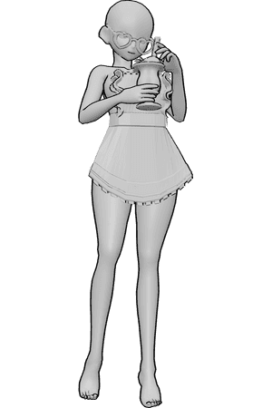 Pose Reference- Anime maid reference pose - Cute anime female is standing, wearing maid apron and heart shaped glasses, holding an ice cream