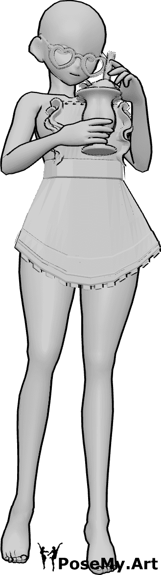 ポーズ資料- アニメのメイド参考ポーズ - かわいいアニメの女性が、メイドエプロンとハート型のメガネをかけて、アイスクリームを持って立っている。