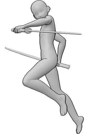 Pose Reference- Anime male fighter pose - Anime male fighter is jumping, holding katana in both hands