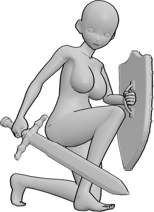 Pose Reference- Female anime fighter pose - Anime female fighter is crouching, holding a sword and a shield