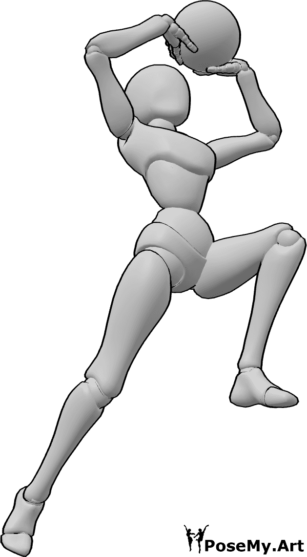 Referencia de poses- Mujer saltando lanzando pelota pose - La hembra salta y lanza una pelota con las dos manos