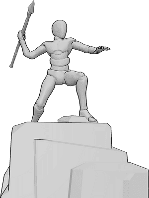 Pose Reference- Male throwing spear pose - Male is standing on a rock and throwing a spear with his right hand