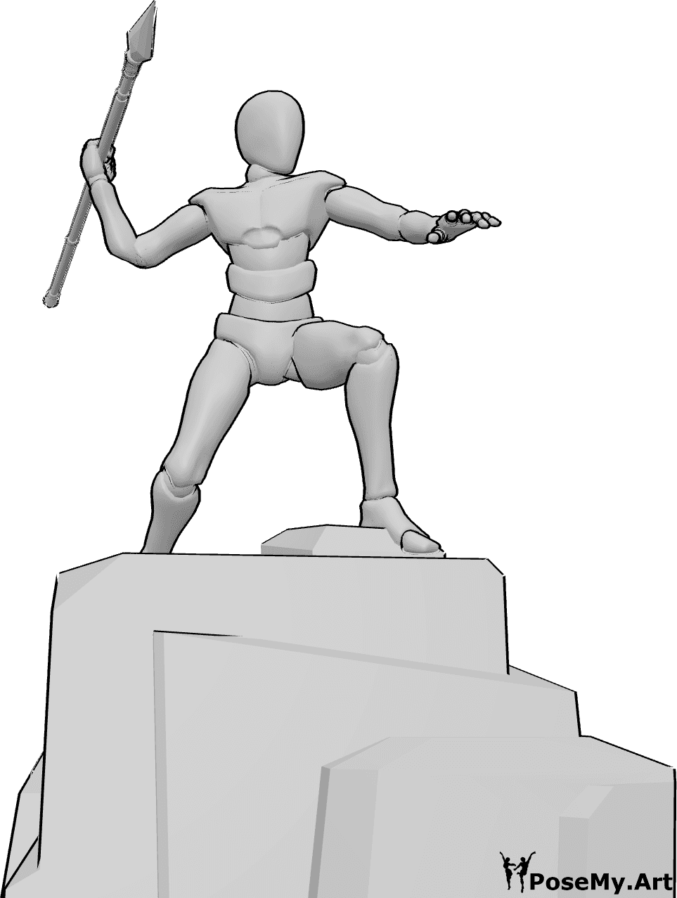 姿势资料- 男性投掷长矛的姿势 - 男性站在岩石上，右手投掷长矛