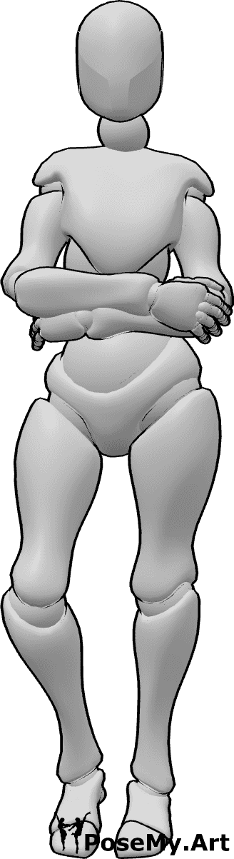 Référence des poses- Femme bras croisés - Femme debout, bras croisés et regardant vers l'avant