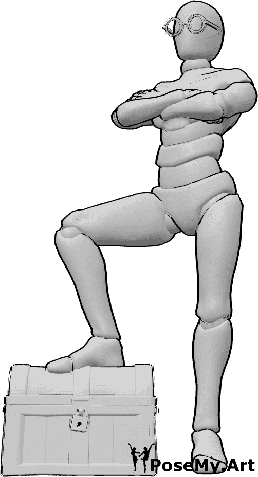 姿势资料- 宝箱自鸣得意的姿势 - 男性踌躇满志地站着，右脚踩在宝箱上，双手交叉