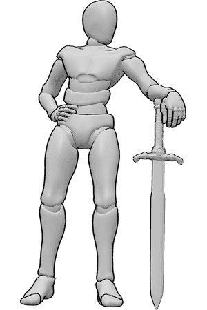 Pose Reference- Sword smug pose - Male is standing smugly, leaning on a great sword, looking to the left, holding his hip