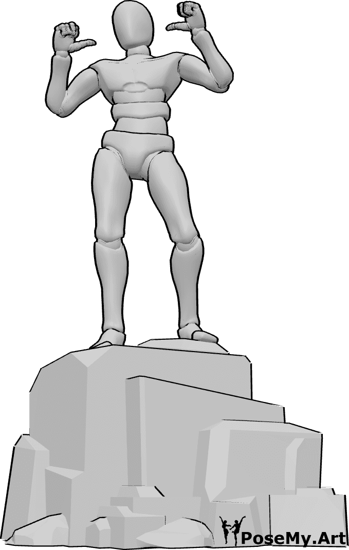 姿势资料- 男性自鸣得意的站立姿势 - 男性站在岩石上，用大拇指指着自己