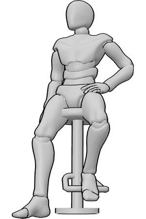 Pose Reference- Male smug sitting pose - Male is sitting on a bar stool, holding his hip with his left hand