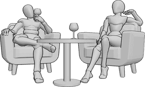 Pose Reference- Smug sitting drinking pose - Female and male are sitting in armchairs and drinking wine