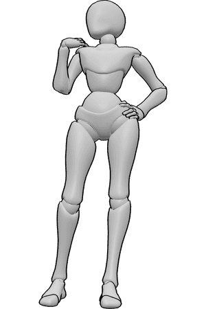 Pose Reference- Female smug standing pose - Female is standing smugly, sweeping her right shoulder, holding her hip