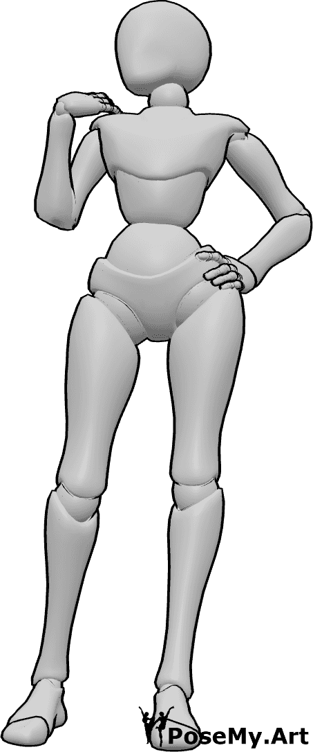 Pose Reference- Female smug standing pose - Female is standing smugly, sweeping her right shoulder, holding her hip