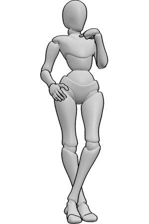 Pose Reference- Smug female pose - Female is standing smugly, her legs are crossed, she is pointing at herself and holding her hip