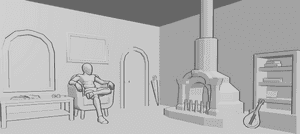 Pose Reference- Room fireplace reference - Male is sitting in an armchair in the room and looking at the fireplace