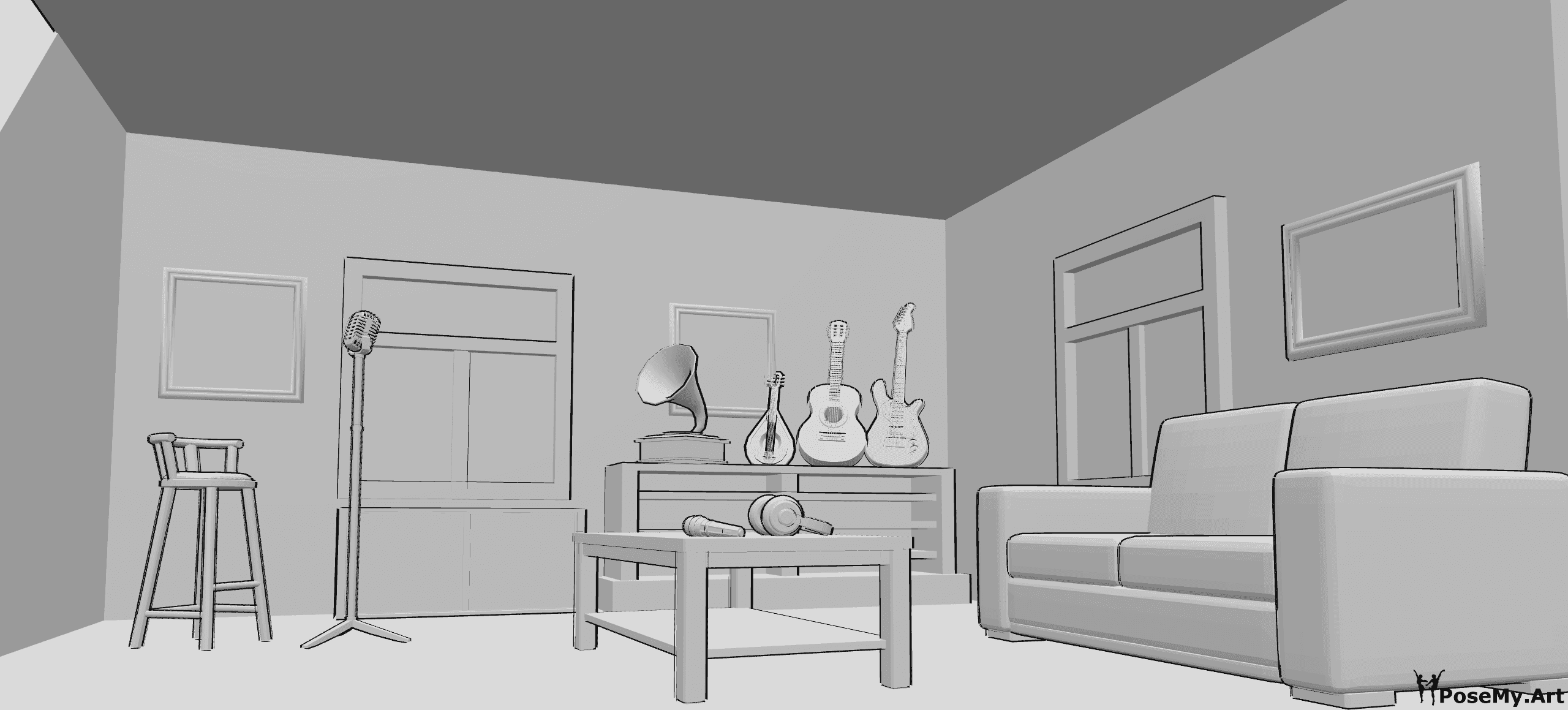 Référence des poses- Référence de la salle du musicien - Salle de musiciens, équipée d'instruments de musique, de guitares et de microphones