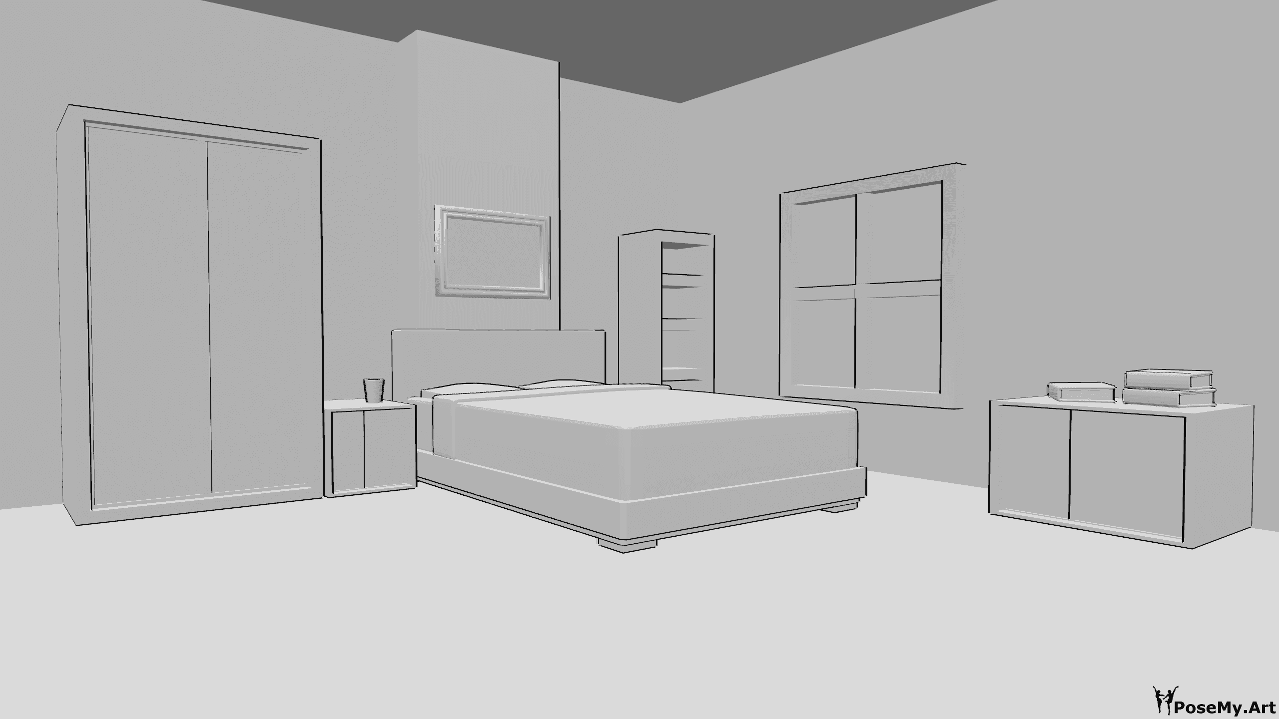 Référence des poses- Référence de la chambre - Chambre à coucher, équipée d'un lit et de meubles, armoires