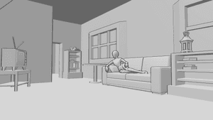 Pose Reference- TV room reference - Female is lying on the couch in the room and watching TV