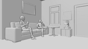 Pose Reference- Room sitting drinking wine pose - Female and male are sitting on the couch in the room, drinking wine and talking