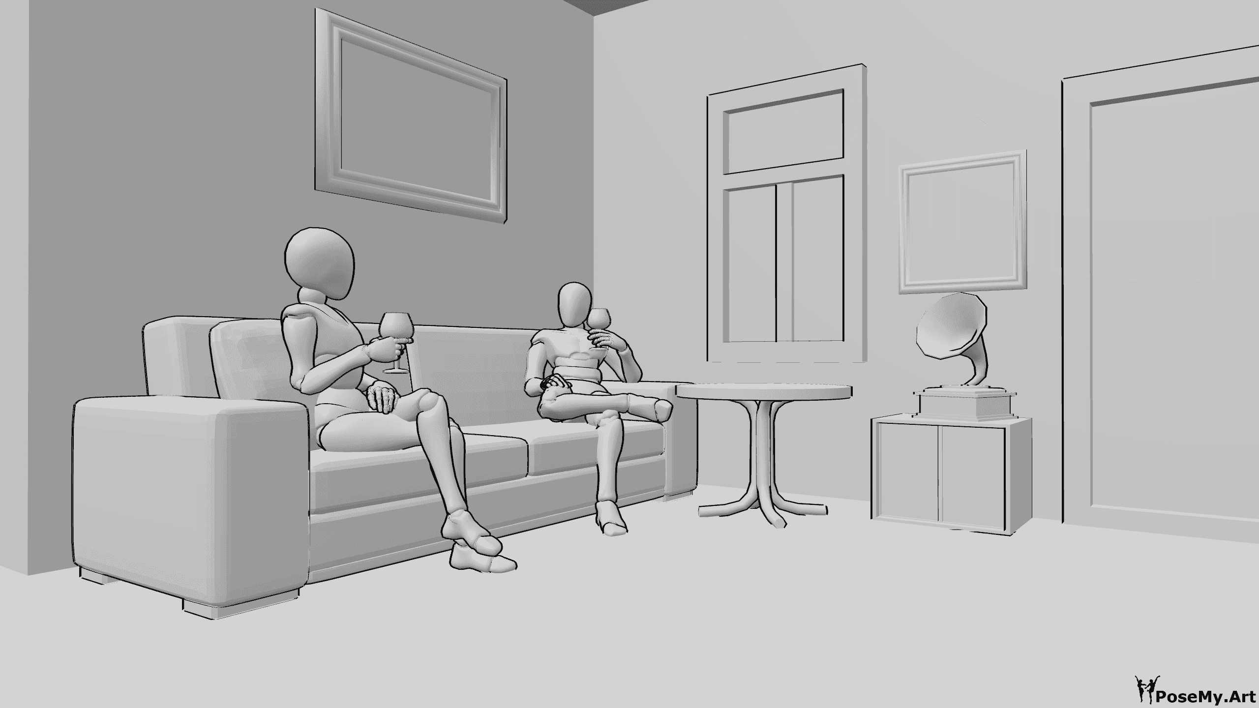 Référence des poses- Chambre assise buvant du vin pose - Une femme et un homme sont assis sur le canapé de la chambre, boivent du vin et discutent.