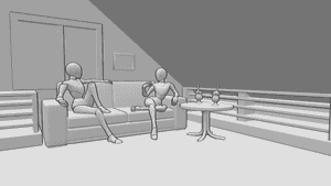 Pose Reference- Room sitting talking pose - Two females are sitting on the couch in the room and talking