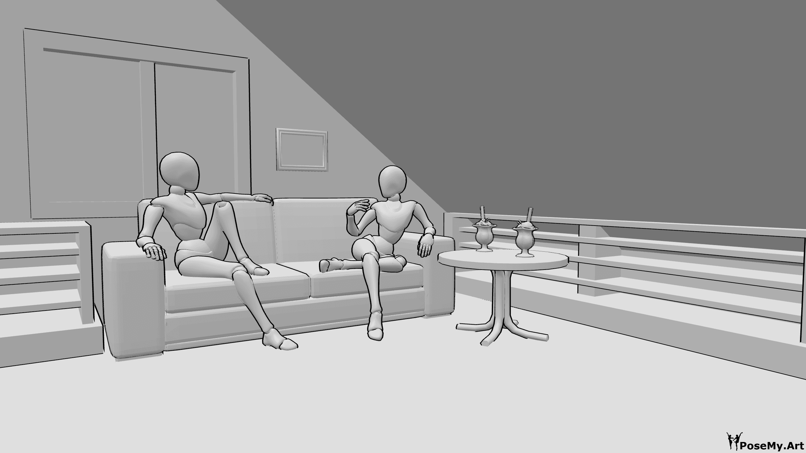 Référence des poses- Pièce assise en train de parler - Deux femmes sont assises sur le canapé de la pièce et discutent.