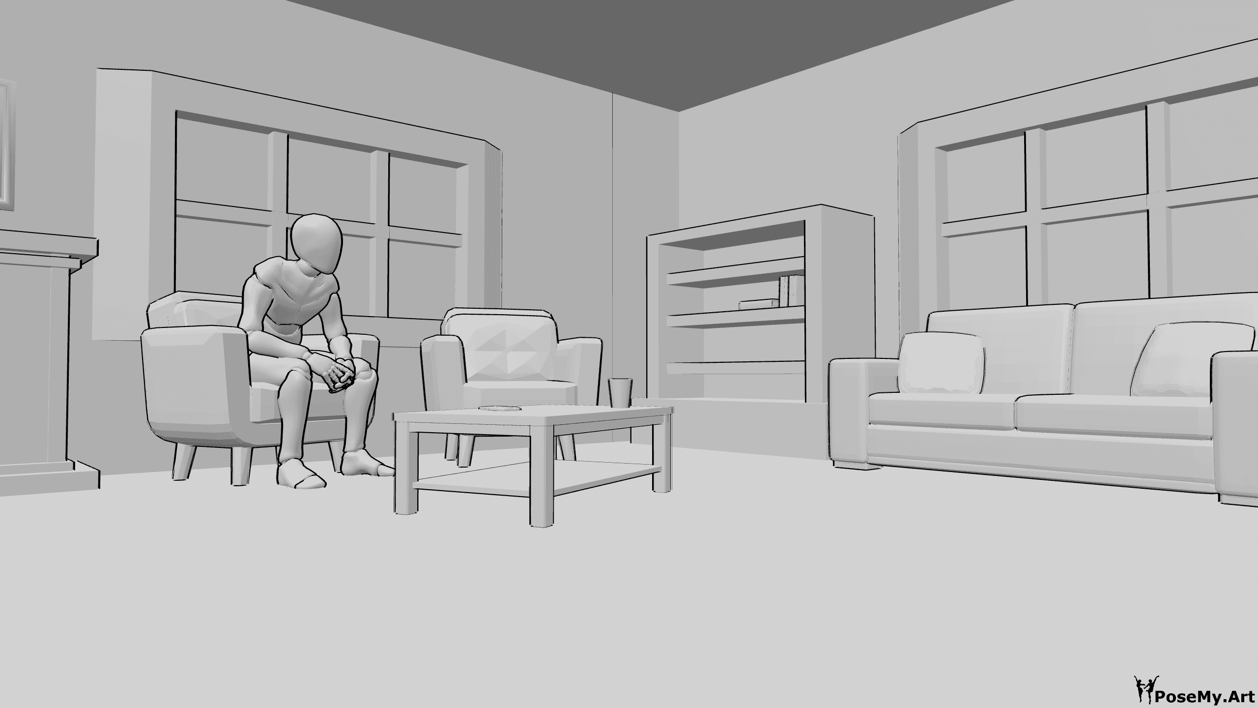 Référence des poses- Pose assise dans la chambre - L'homme est assis dans le fauteuil de la pièce, référence du dessin de la pièce