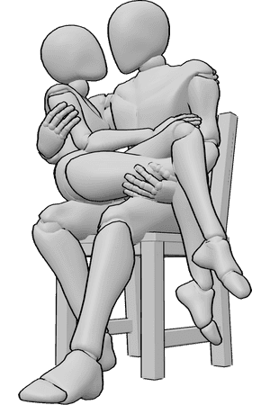 Pose Reference- Sitting carrying female pose - Male is sitting on the chair and carrying the female, looking at each other