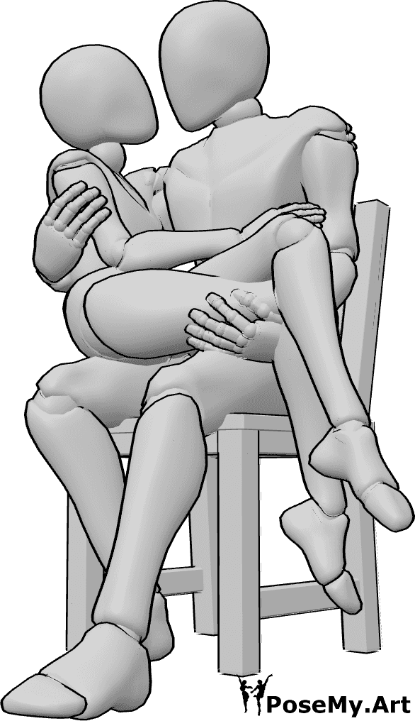 Référence des poses- Assise portant la pose féminine - L'homme est assis sur une chaise et porte la femme, se regardant l'un l'autre.