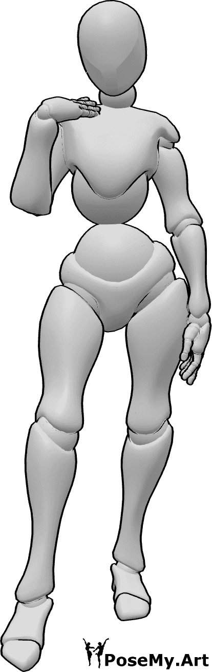Referencia de poses- Postura del hombro derecho - Mujer de pie y colocando su mano derecha sobre su hombro posa
