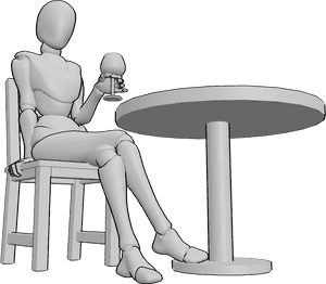 Pose Reference- Wine glass holding pose - Female is sitting on a chair at the table and holding a wine glass in her left hand