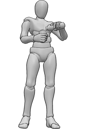 Pose Reference- Bottle holding pose - Male is standing, holding a bottle and a glass, pouring himself some water