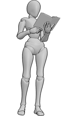 Pose Reference- Book holding pose - Female is standing and holding a book with both hands and reading
