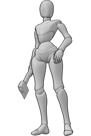 Pose Reference- Axe holding pose - Female is standing and holding an axe in her right hand