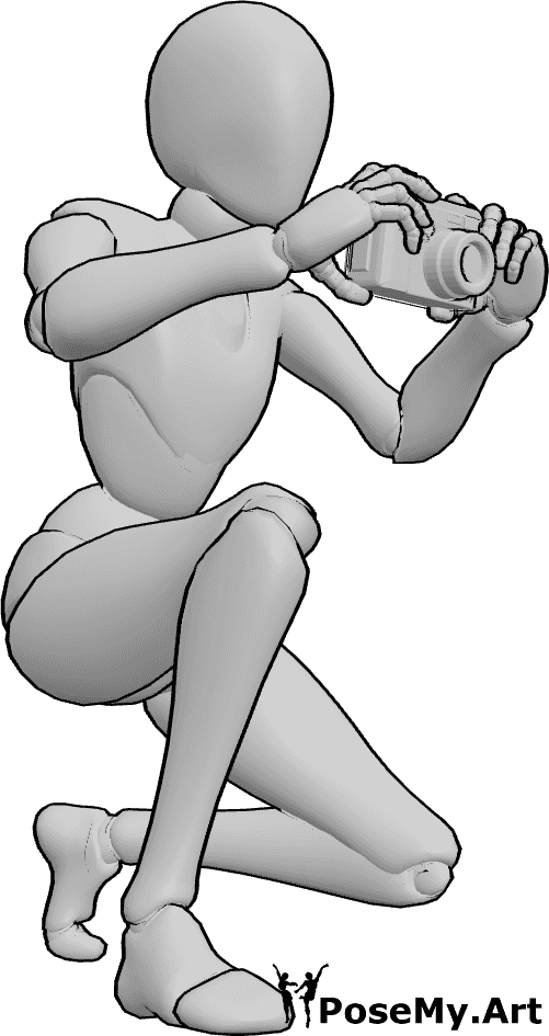 Pose Reference- Camera holding pose - Female is crouching and holding a camera with both hands