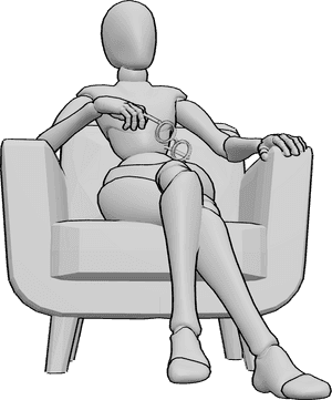 Pose Reference- Glasses holding pose - Female is sitting in the armchair and holding her glasses in her right hand