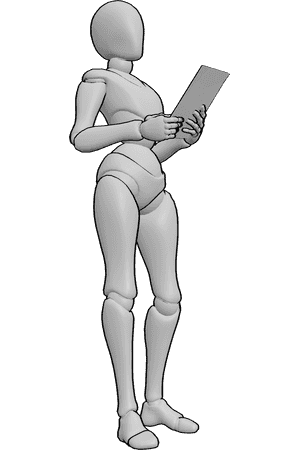 Pose Reference- Paper holding pose - Female is standing and holding a paper with both hands